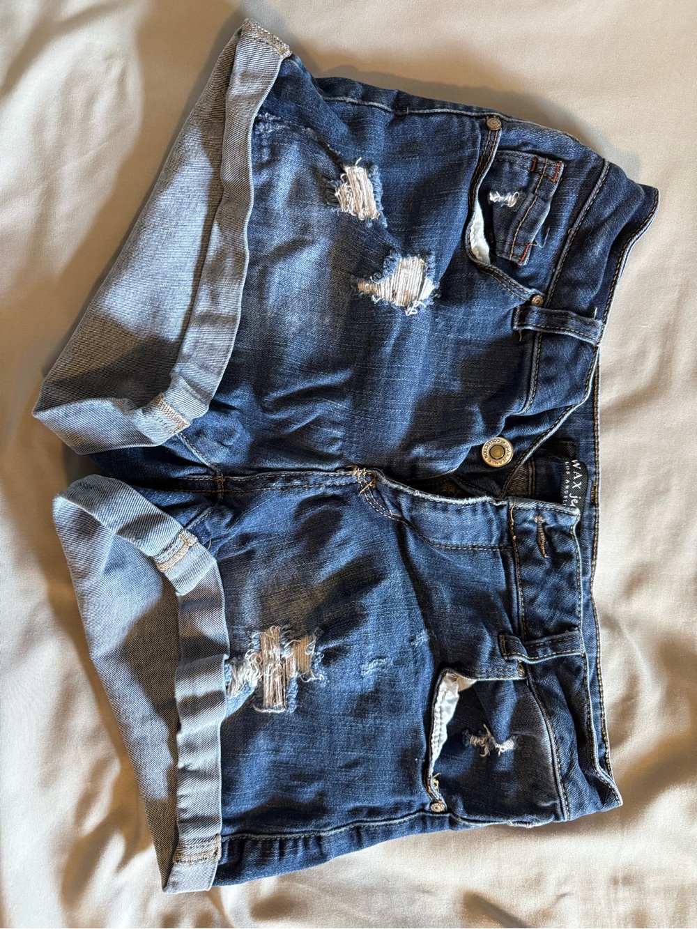 Womens Dark Blue Distressed Denim Roll-Cuff Shorts